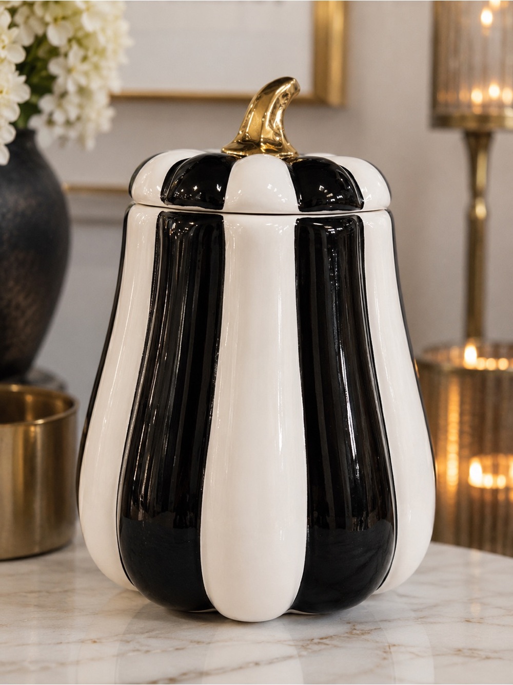 Striped Ceramic Pumpkin Canister with Gold Stem